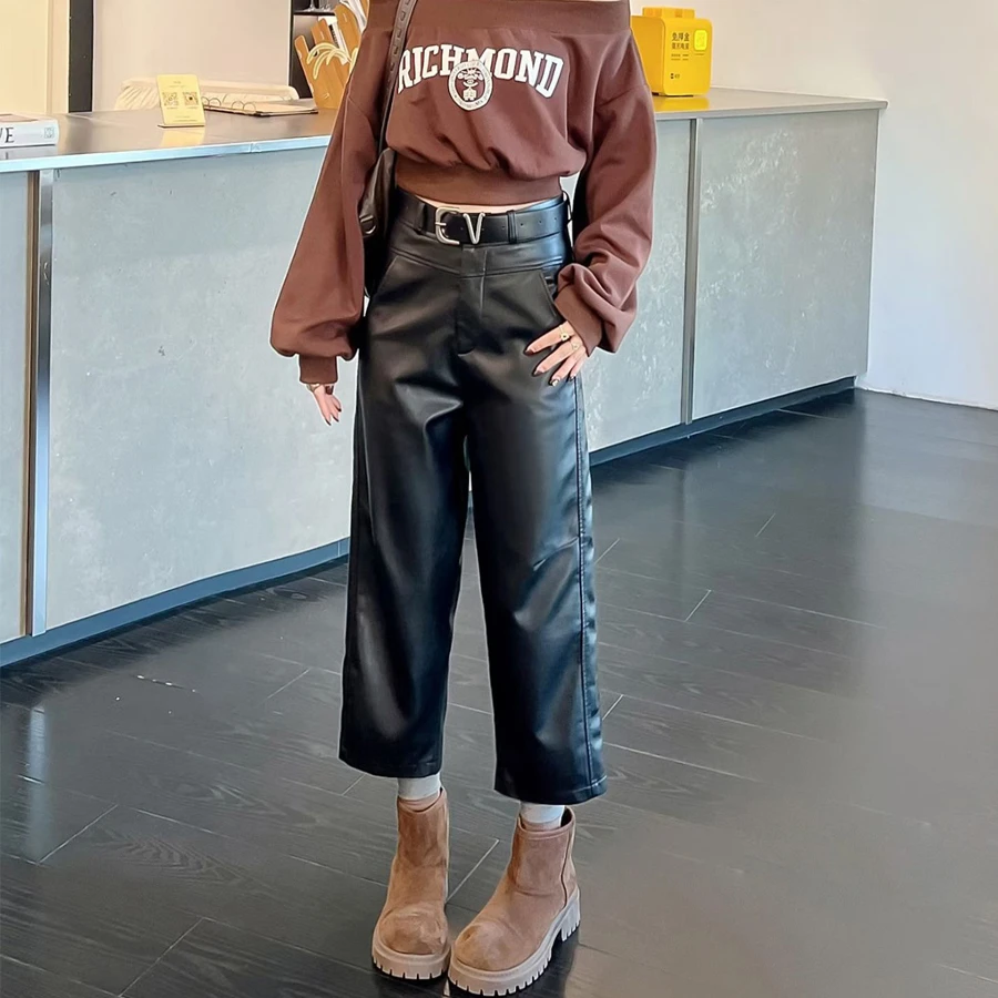 2025秋季新款爆款洋气时尚百搭宽松高级感pu九分直筒裤休闲裤皮裤
