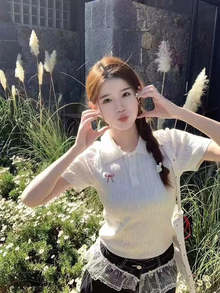 学院风Polo翻领针织衫短袖夏季新款蝴蝶结刺绣设计感休闲简约上衣