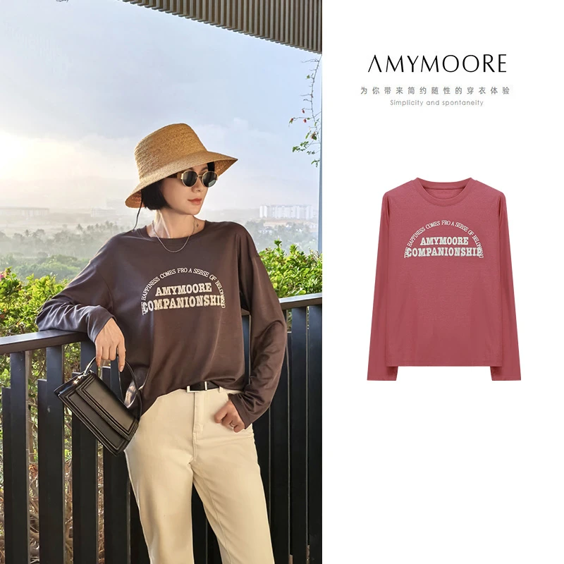 【为爱放价】AMYMOORE春女粉色T恤长袖圆领打底印花休闲百搭381116