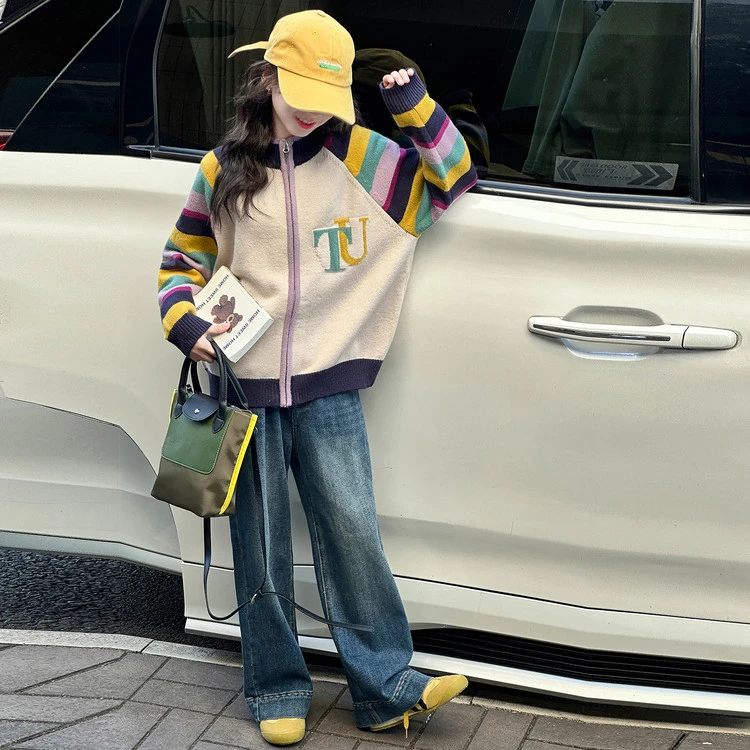 女童秋冬复古条纹开衫毛衣牛仔裤套装2025新款大童洋气韩系两件套