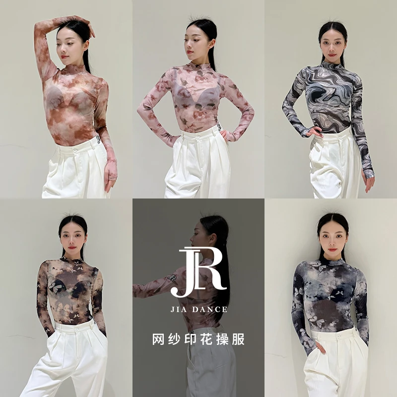 JIA.DANCE新款网纱印花长袖拉丁舞操服女国标练习服套指上衣R170