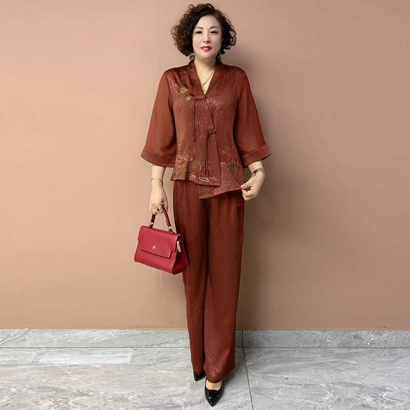H夏季新款真丝中式国风盘扣中年妈妈不规则短款刺绣上衣+阔腿裤
