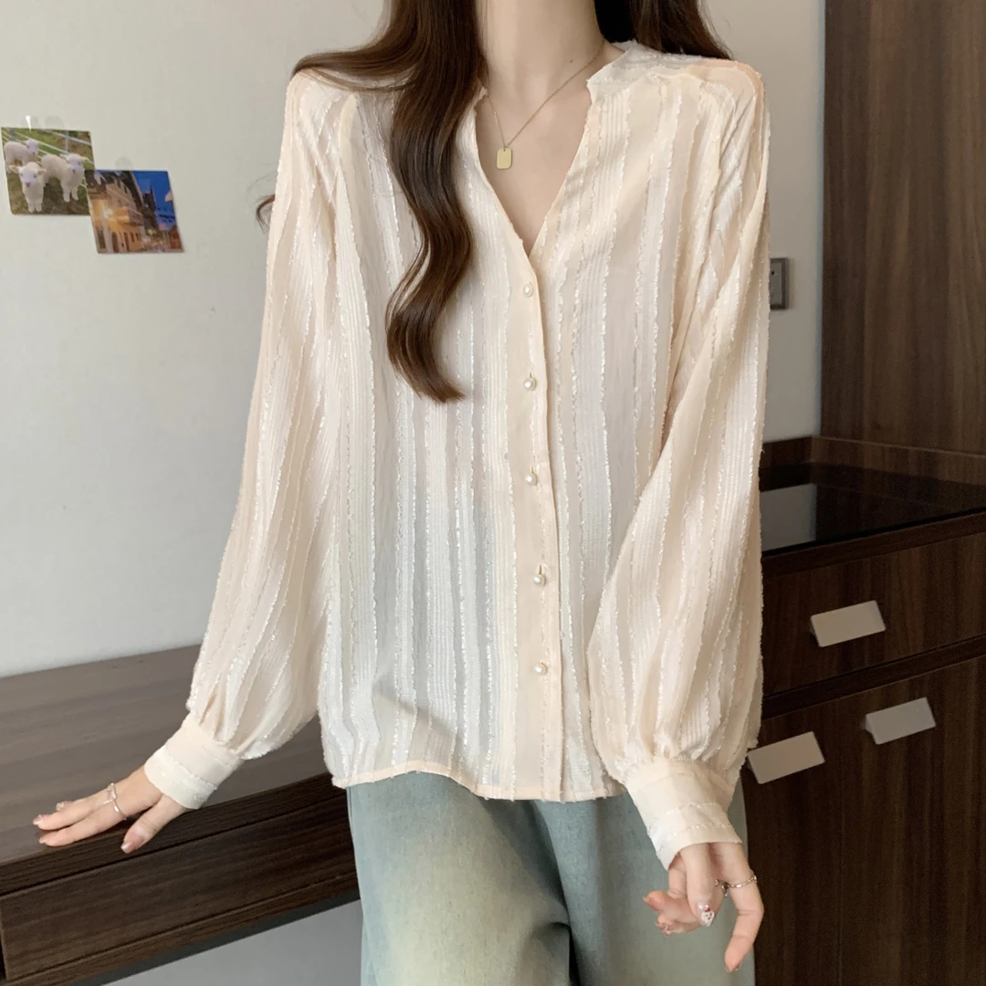 3413时尚休闲通勤百搭风格宽松显瘦设计灯笼袖衬衫上衣5298