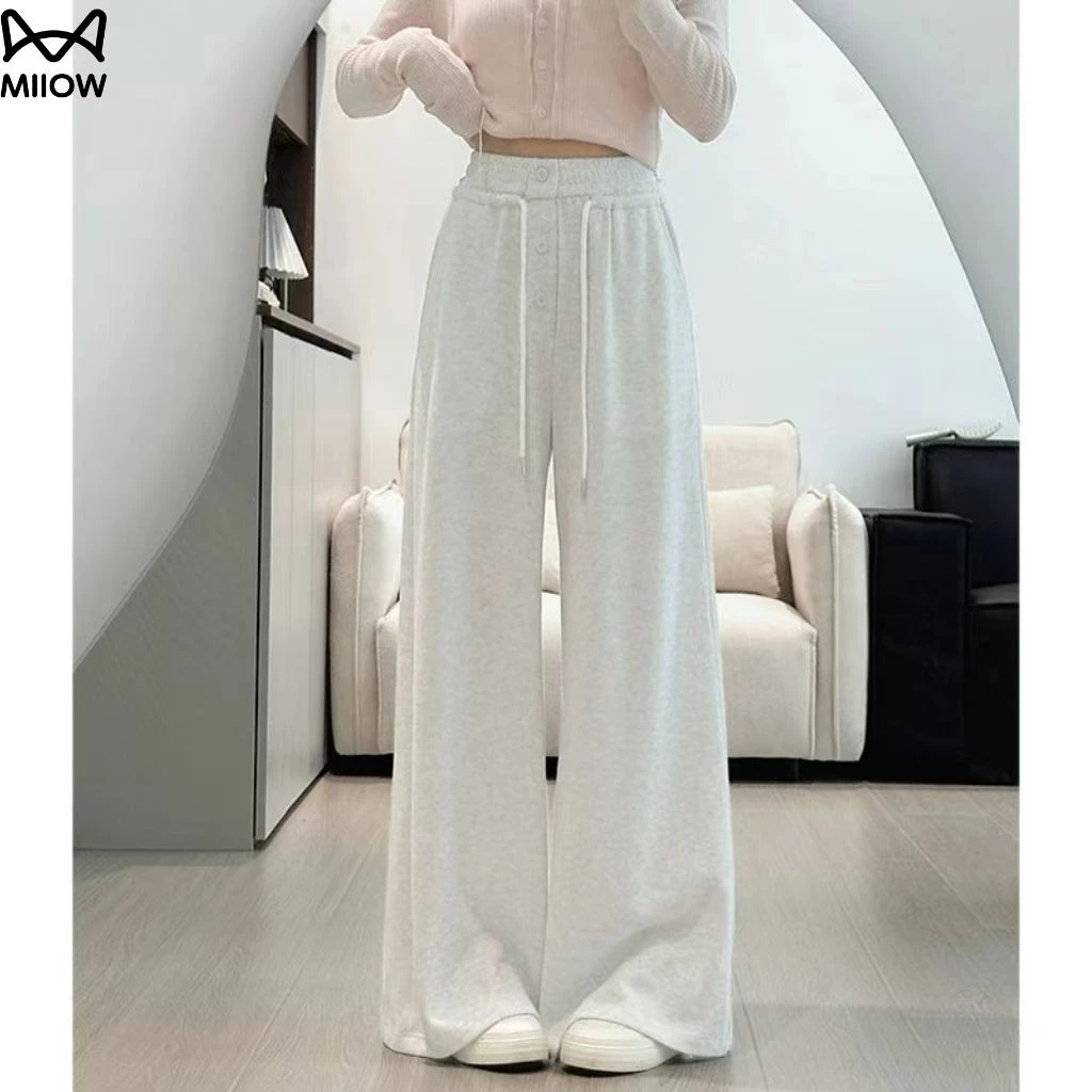 猫人美式白灰色运动裤女春秋新款高腰休闲直筒裤宽松阔腿裤拖地裤