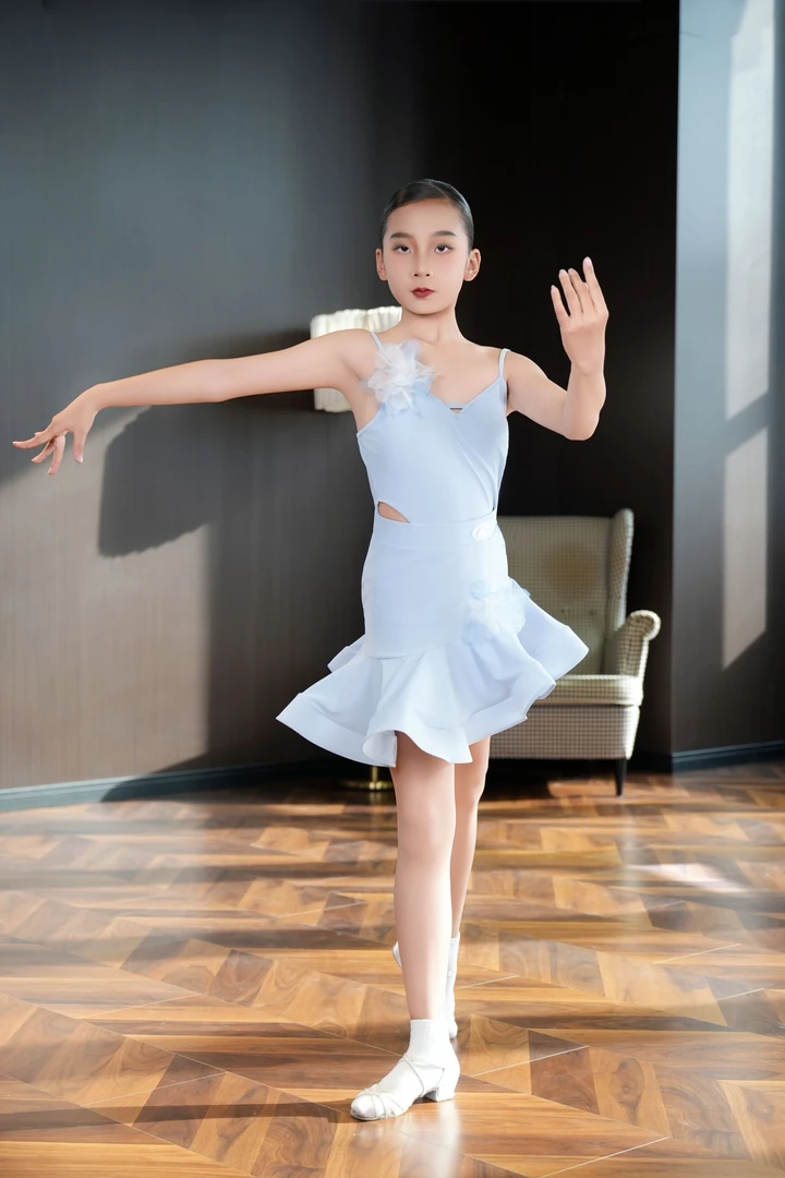 女童拉丁舞连体练功表演裙适合考级比赛演出夏季露背舞服舞蹈服
