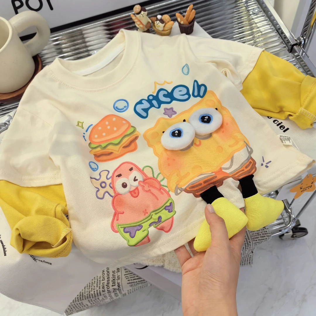 韩系订单款2025秋季新款超Q弹假两件卡通T/超级萌男女宝中性风