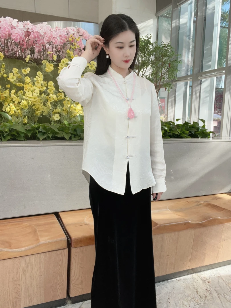 【白月光】国风暗纹提花桑蚕丝春季立领长袖衬衫女新中式上衣