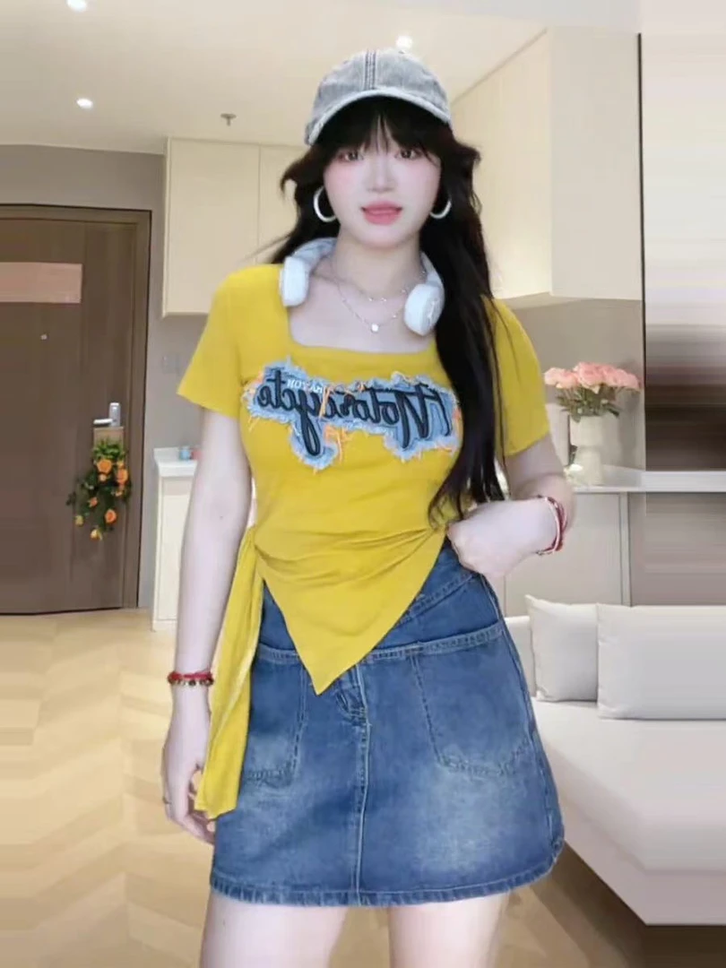 常规Oversize风短袖短款字母T恤设计感抽绳时尚牛仔套装印花