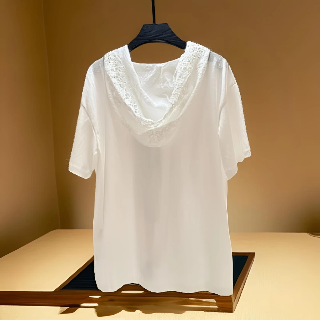 极简休闲拼接百搭短袖简约T恤设计感女士套头纽扣连帽静奢风蕾丝