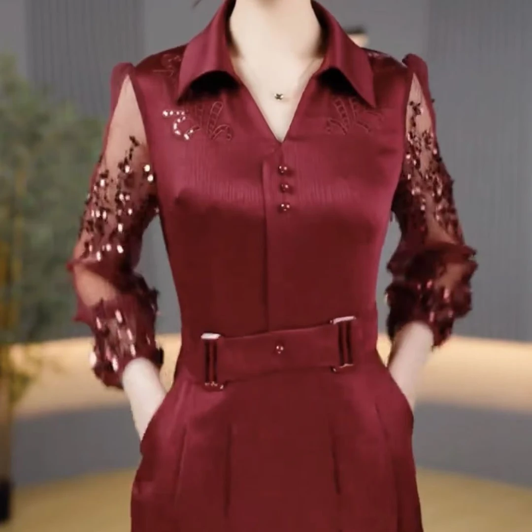 洋气连衣裙2025新款夏季时尚高档亮片polo领高腰遮肉显瘦中长款女