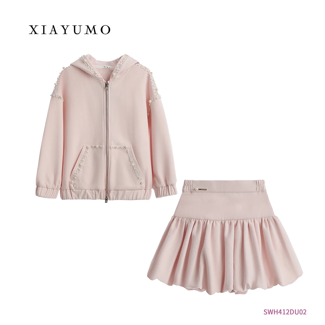夏羽墨女童秋季新款粉色串珠两件套时尚气质可爱公主少女感套装