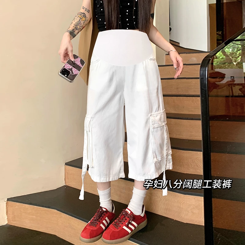 孕妇装七分牛仔裤夏季薄款外穿小个子美式工装阔腿裤子时尚休闲裤