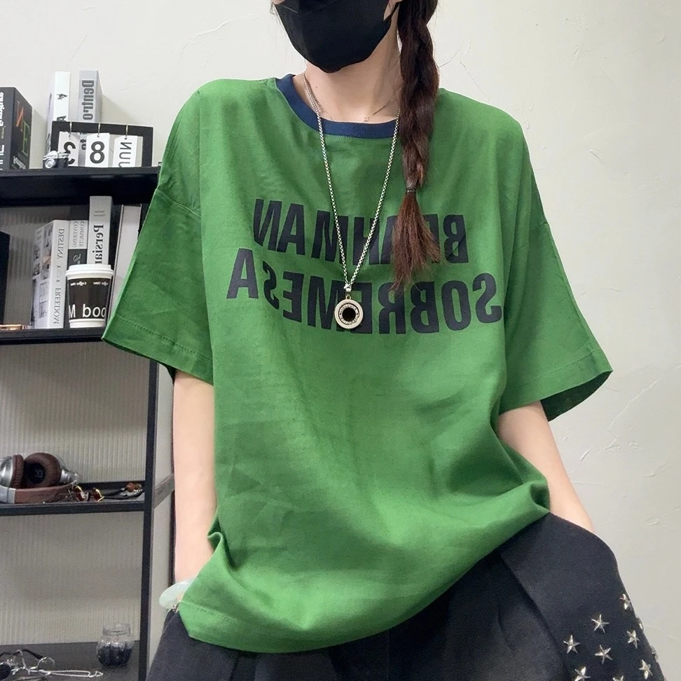 6888夏季新款宽松休闲百搭字母开叉麻料T恤