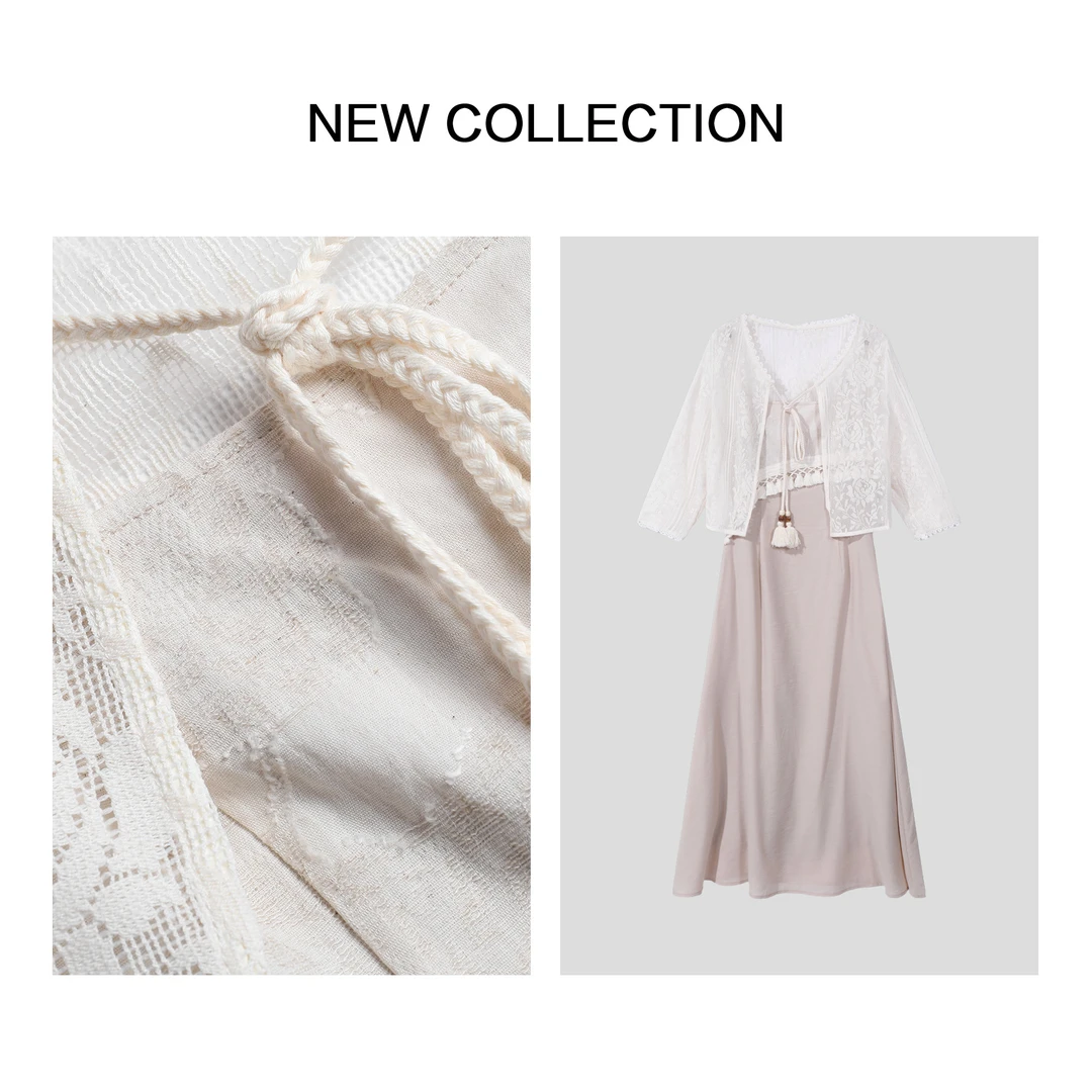 【小依专享】D3F38003A 白色蕾丝上衣配浅色长裙套装-8003