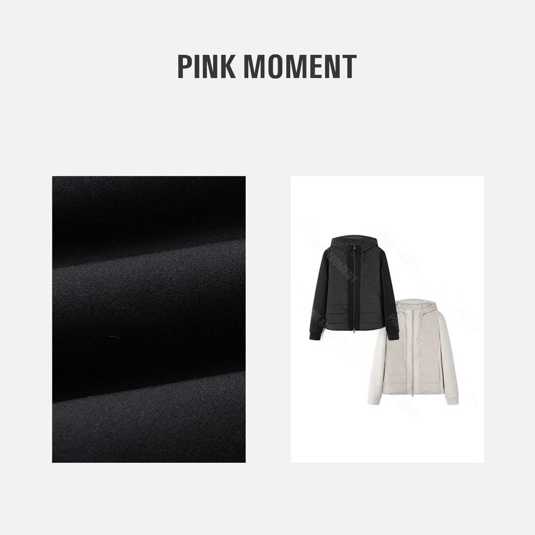 PM王囡囡 黑/米白色横排纹拉链连帽白鸭绒羽绒服 ND1D1968