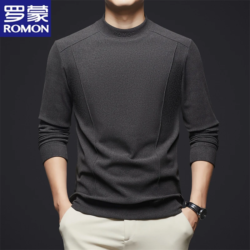 罗蒙秋冬季新款男士德绒半高领长袖打底衫厚款保暖内搭双面绒T恤