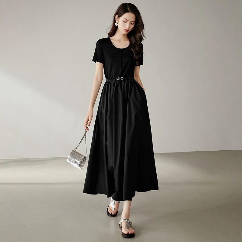 晚白【新品】2025夏裙子拼接收腰连衣裙25022711