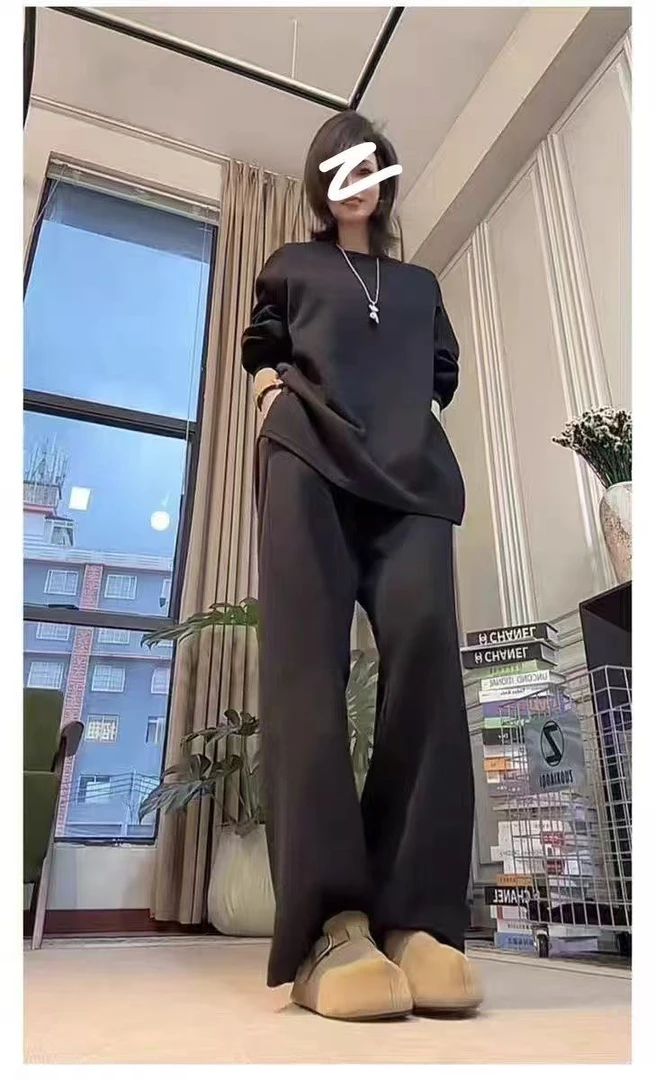 2025新款时尚韩系休闲宽松纯色设计显瘦胖mm上衣+裤子套装1052