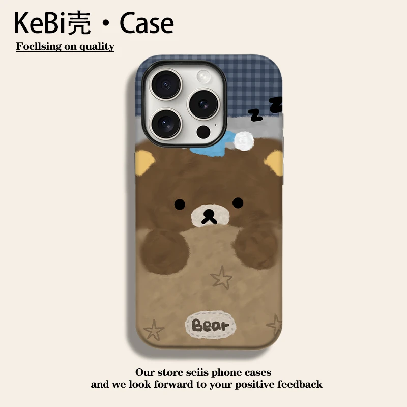 睡觉棕熊菲林二合一适用苹果16promax华为vivo小米oppo手机壳秋冬