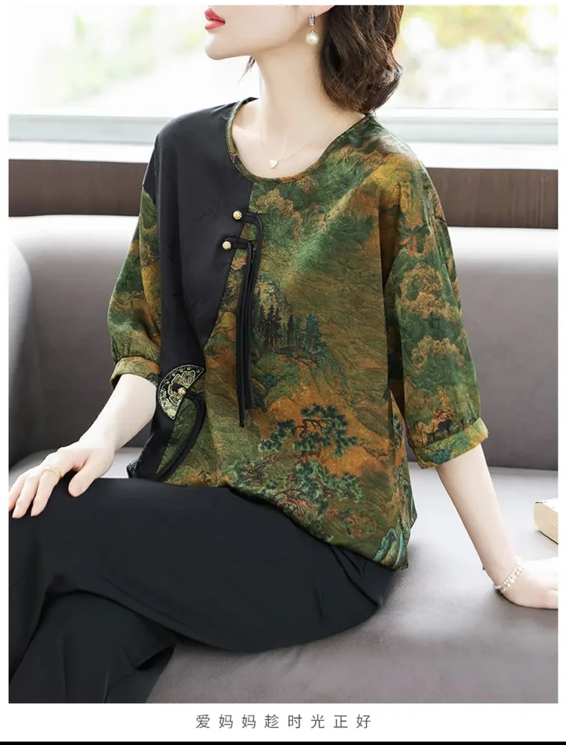 中式气质七分袖小衫时尚洋气复古文艺宽松显瘦妈妈装百搭小衫