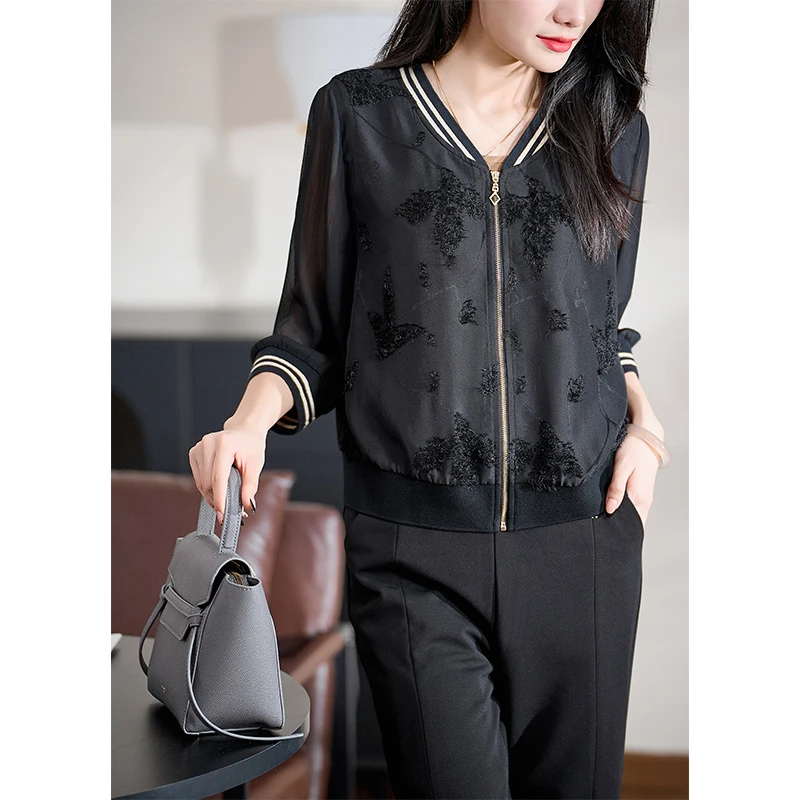 迪欧芙2025春季新款黑色百搭洋气时尚气质休闲开衫外搭#XWT17950