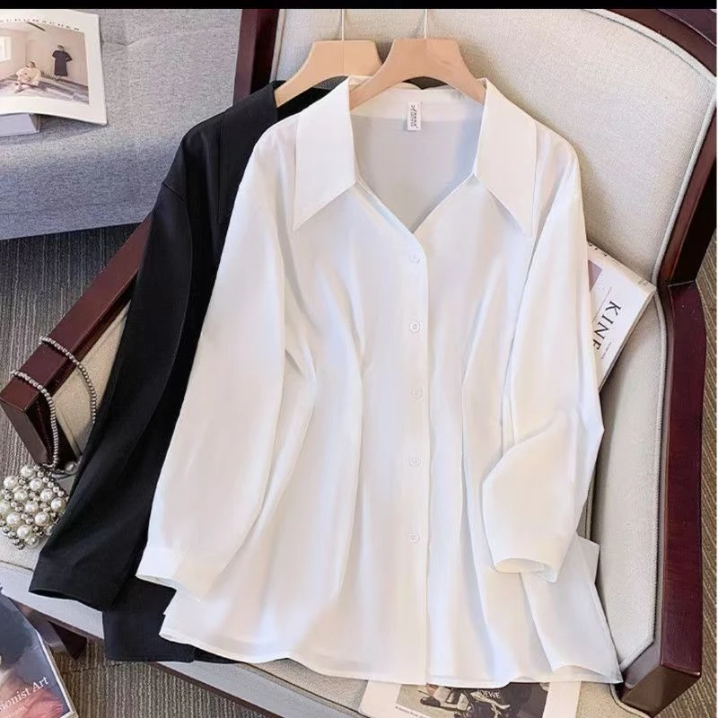 清-V领长袖中长款宽松型薄款衬衫-3116