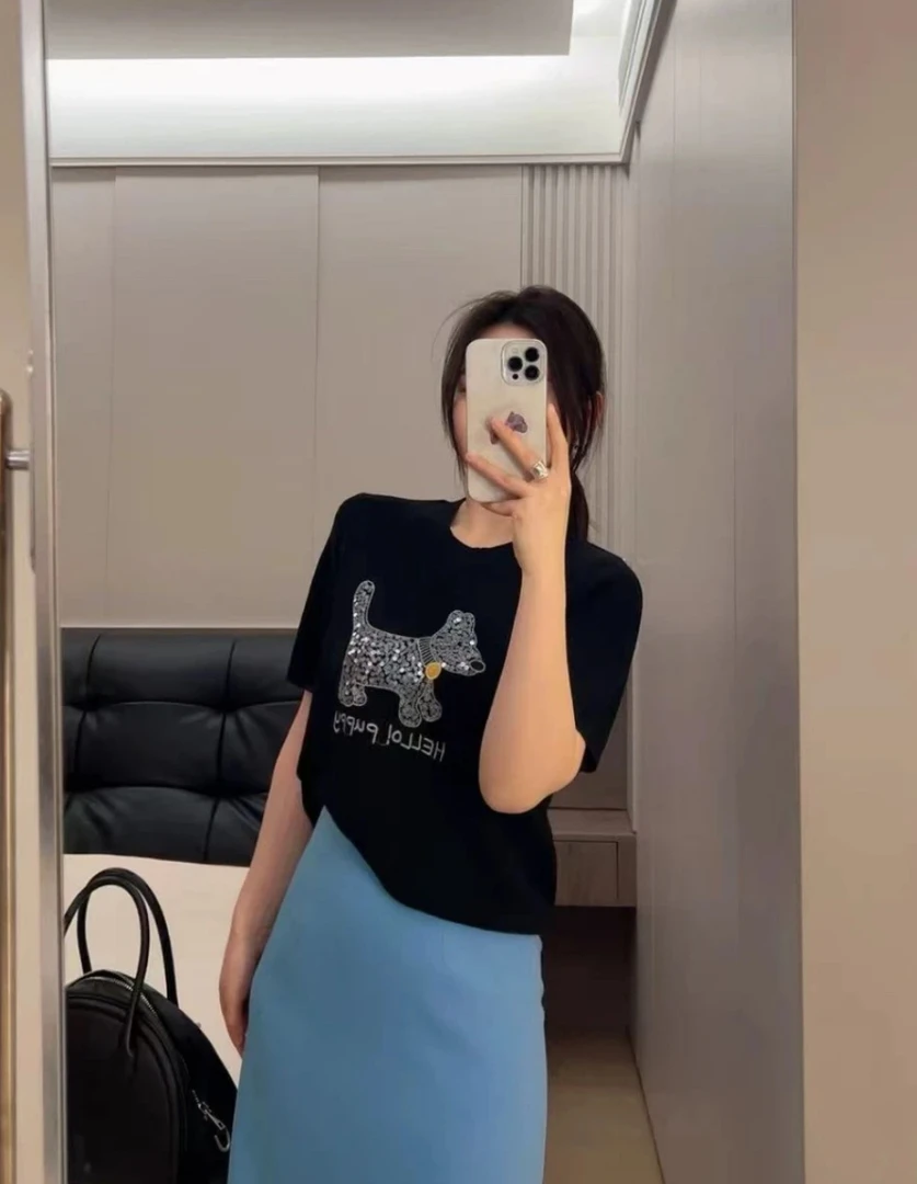 【刺绣亮片快乐狗】夏季新款短袖针织T恤