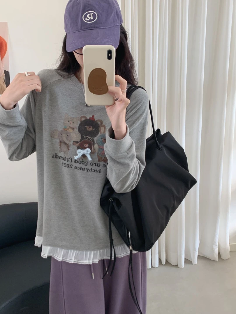 圆领长袖【动物园打底】常规休闲风T恤休闲秋季包袖印花连帽宽松