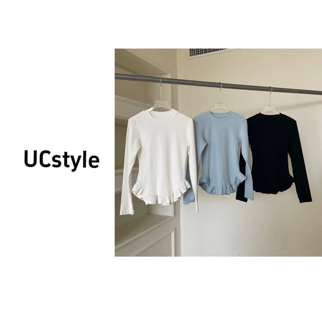 A7206不规则荷叶边坑条修身长袖打底主播穿S码