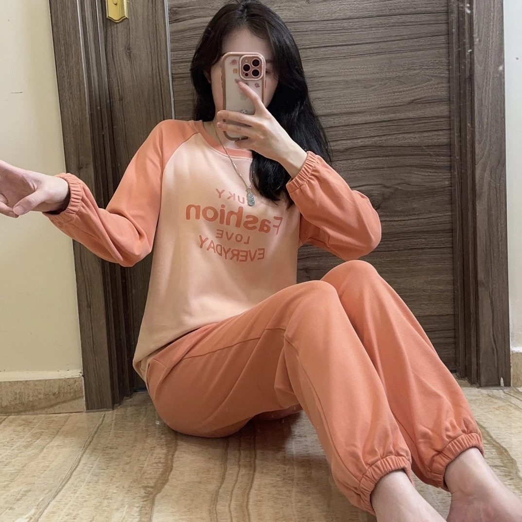女士睡衣带胸垫长袖长裤睡衣家居服撞色拼接可外穿两件套