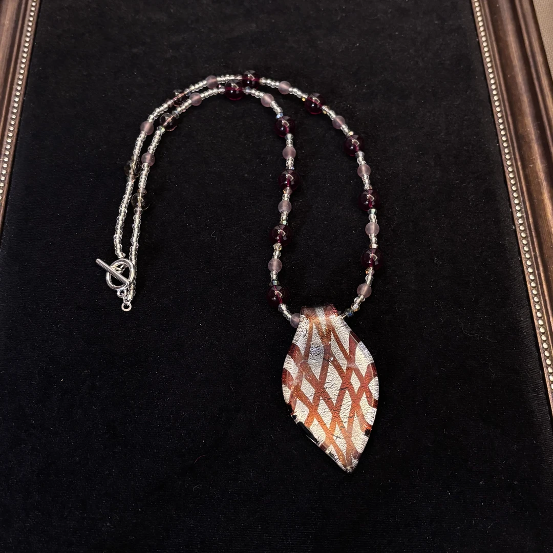 合金项链 合金项链 LZ2917 红色条纹箔树叶吊牌琉璃项链