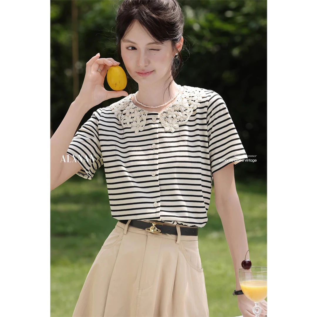 鹿向南「粉丝福利」法式条纹女短袖t恤衫夏季设计感正肩宽松上衣