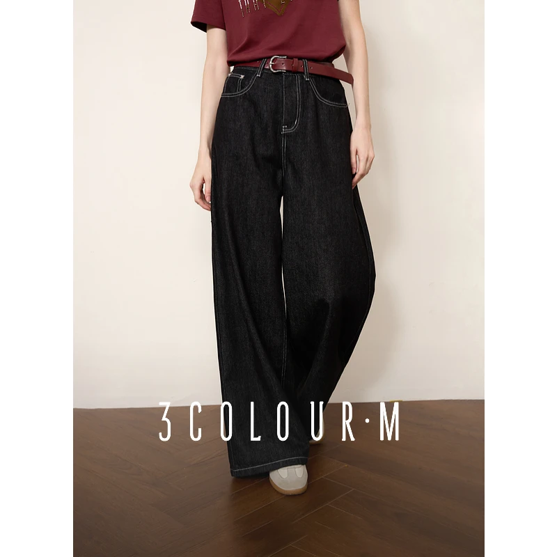 三彩2025秋季新款黑色牛仔裤高腰宽松直筒阔腿裤拖地长裤休闲M