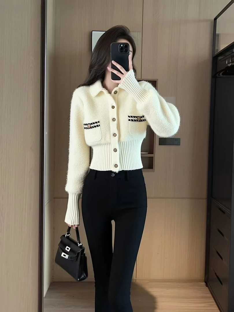 SS5424小香风翻领圈圈毛外套女秋冬设计感收腰显瘦保暖短款上衣