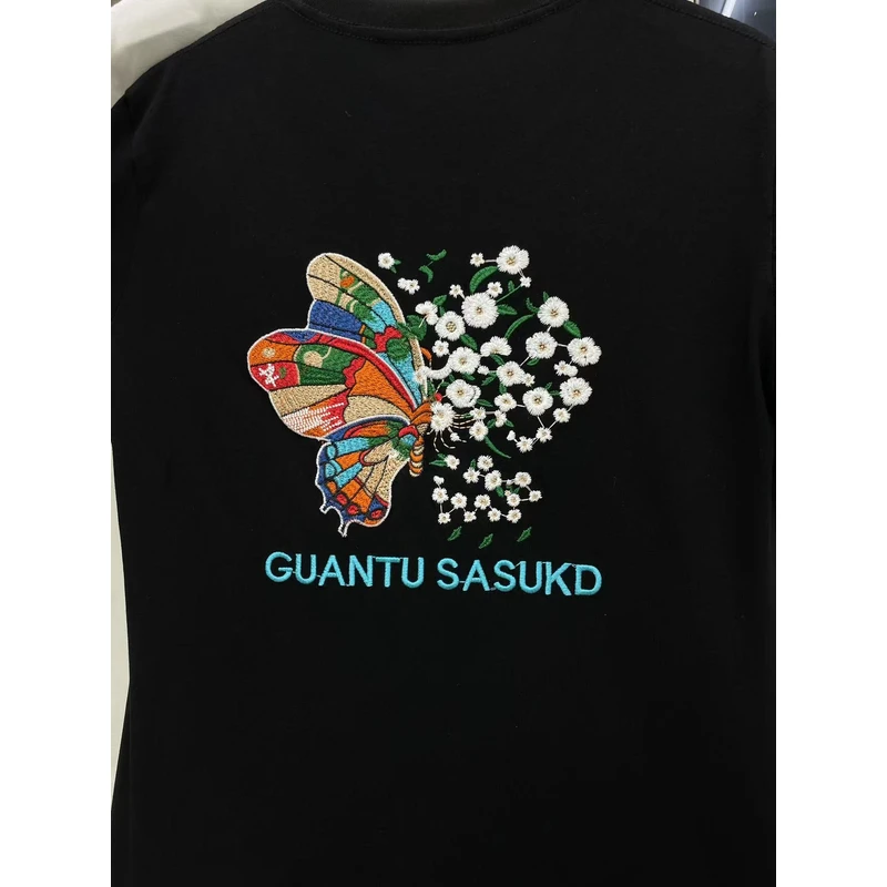 343T重磅欧货七彩蝴蝶刺绣短袖T恤男女同款情侣圆领半袖体恤国潮