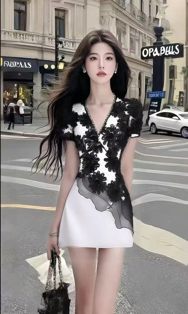 夏季新款黑白撞色设计感V领修身收腰学院风连衣裙女百搭时尚女装