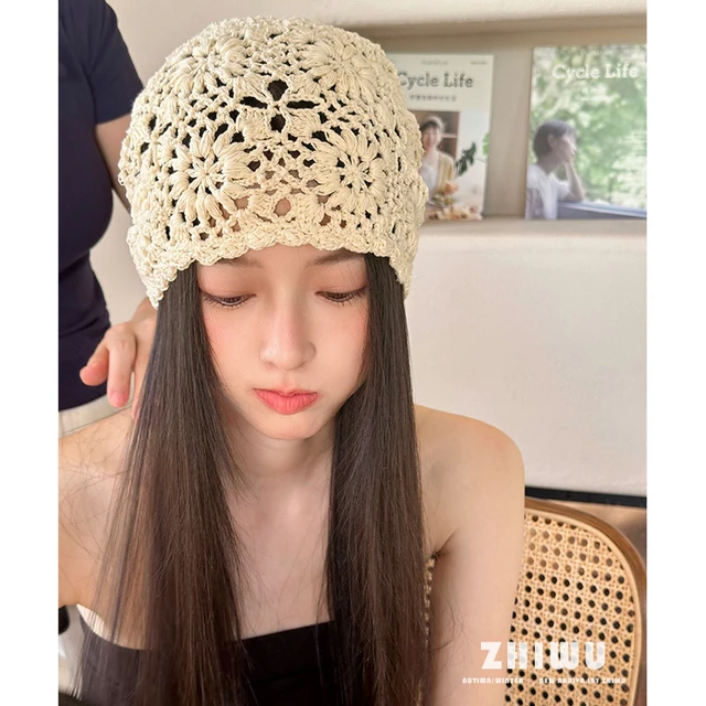 ZHIWU~法式复古风手工编织包头帽女薄款镂空毛线帽春秋文艺堆堆帽
