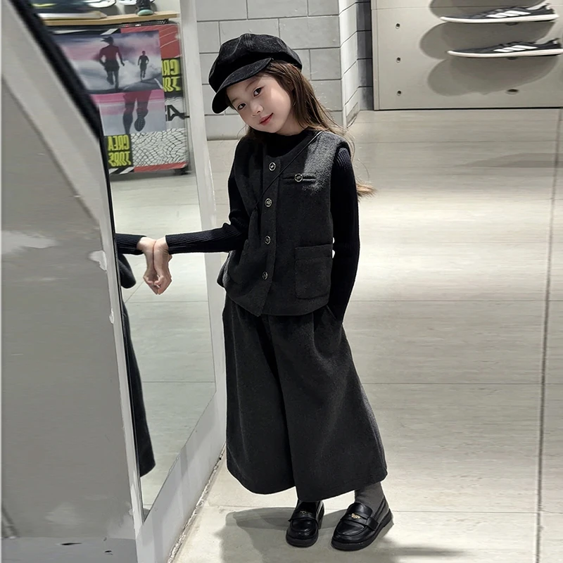 女童韩系套装冬装2025新款儿童洋气加厚马甲阔腿裤女孩秋冬三件套