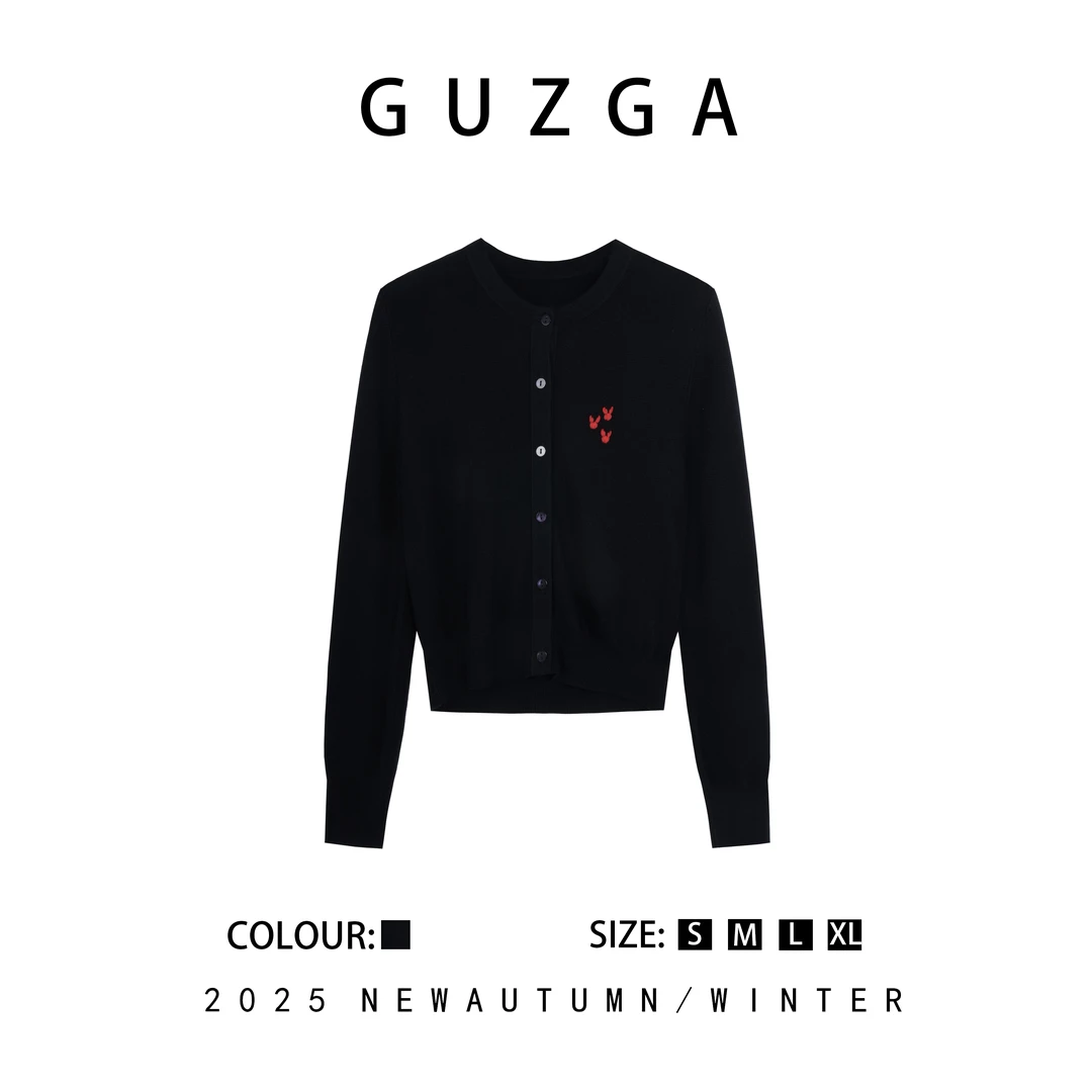 GUZGA【只因有你】复古小众刺绣开衫长袖针织衫女秋季上衣圆领