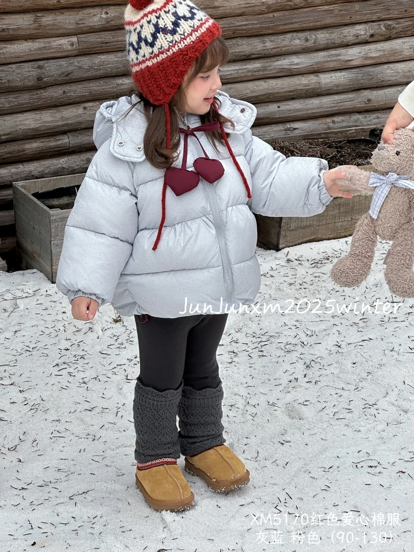 {花卷卷}2025冬款加绒韩版点点连帽爱心棉服外套5170