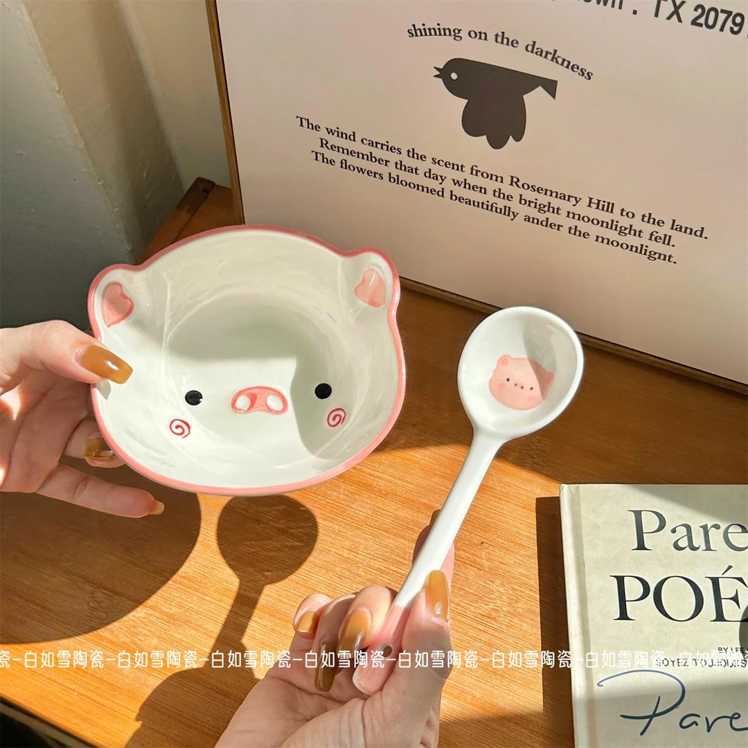 16福气【2件套】猪猪异形碗一碗一勺 ins风纯手绘猪猪陶瓷釉下彩
