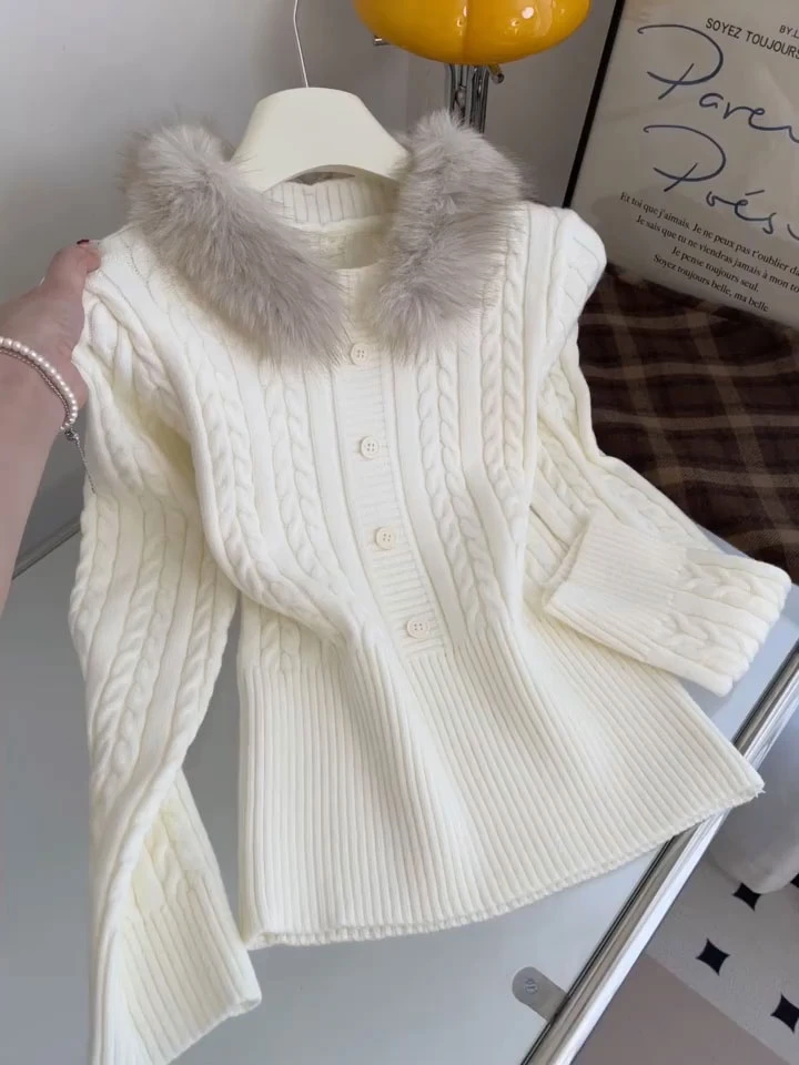 韩系氛围感毛领麻花保暖毛衣女秋冬季新款收腰显瘦气质显瘦针织衫