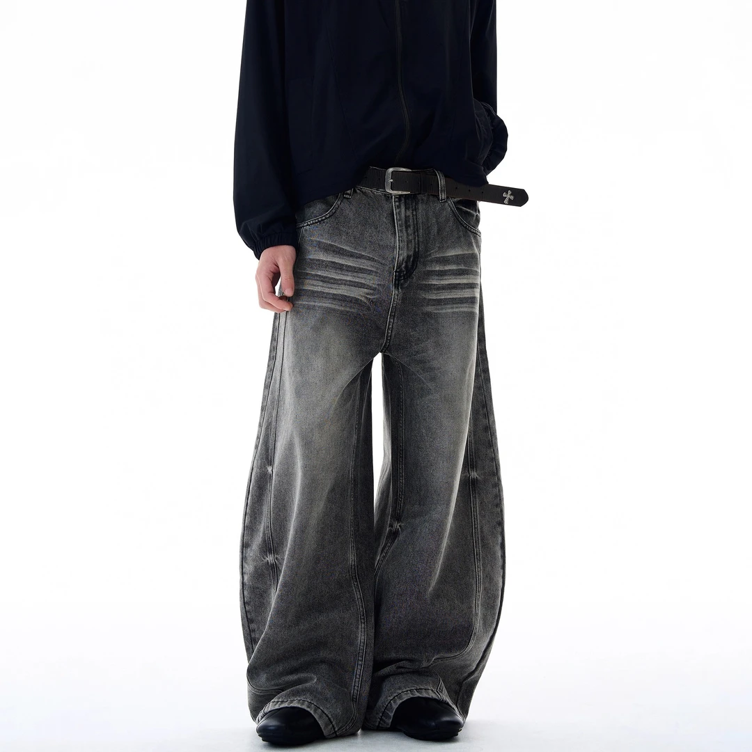 美式复古猫须做旧弯刀牛仔裤男宽松痞帅休闲vintage阔腿裤子ins