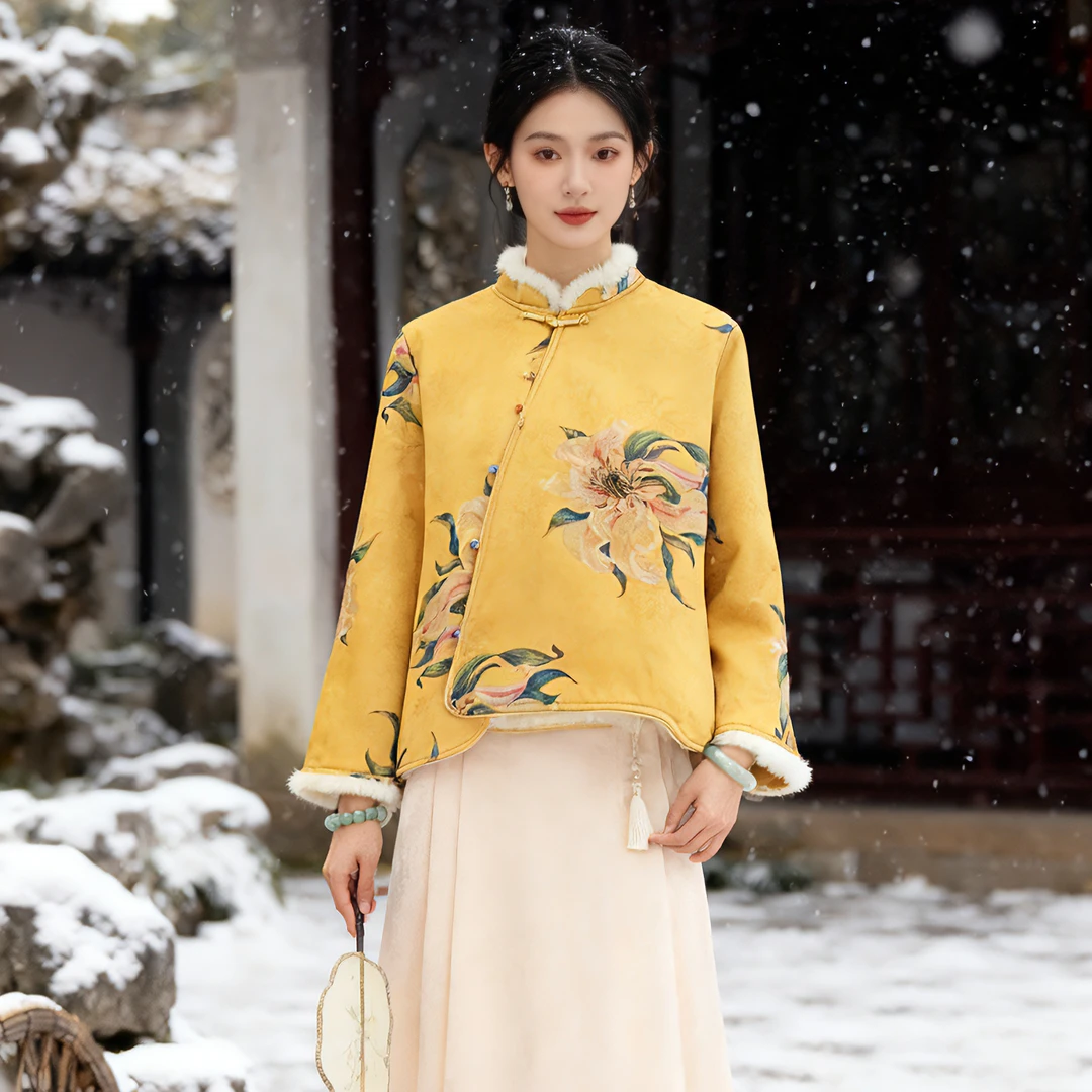 D999-3252【海棠】秋冬新中式国风立领斜襟加绒加厚气质上衣棉服女