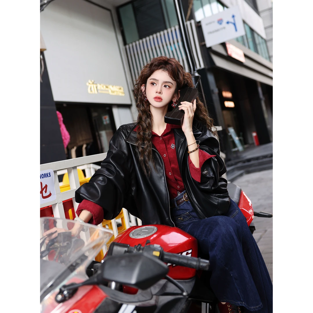 陈大器【黑珍珠】港风复古纯色春秋外套女百搭上衣皮衣JW1023220