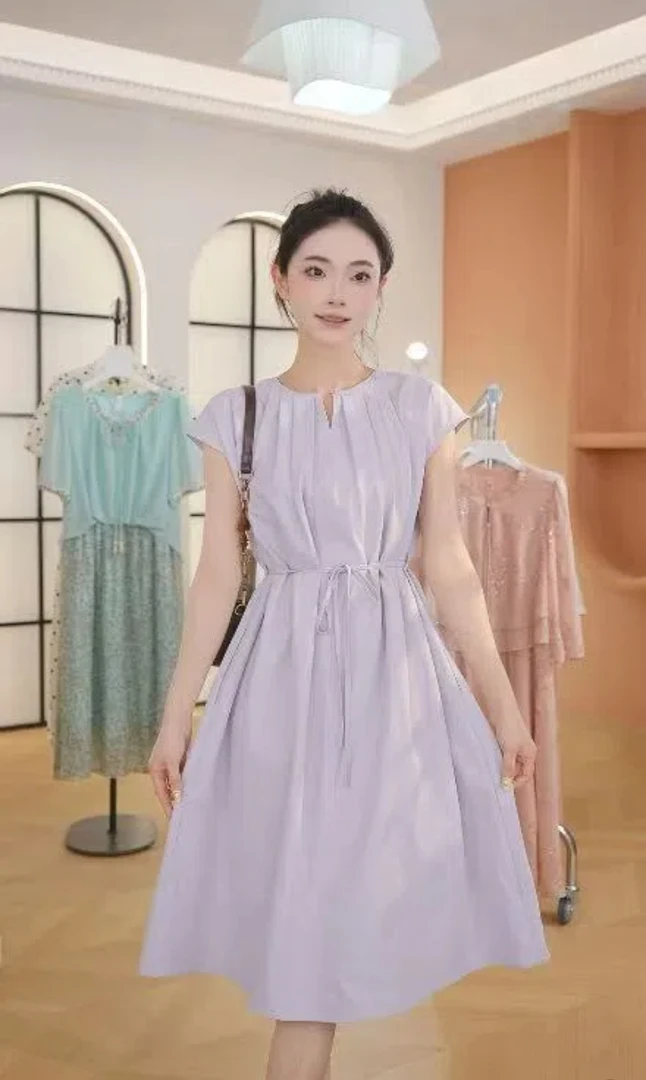 X2853夏季韩版圆领开叉小飞袖长裙子设计感连衣裙