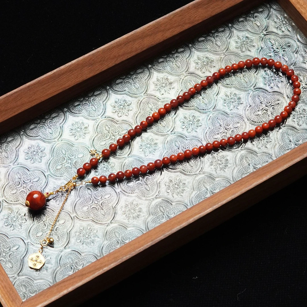 落日熔金 天然火焰纹南红5+mm圆珠顶珠13mm项链