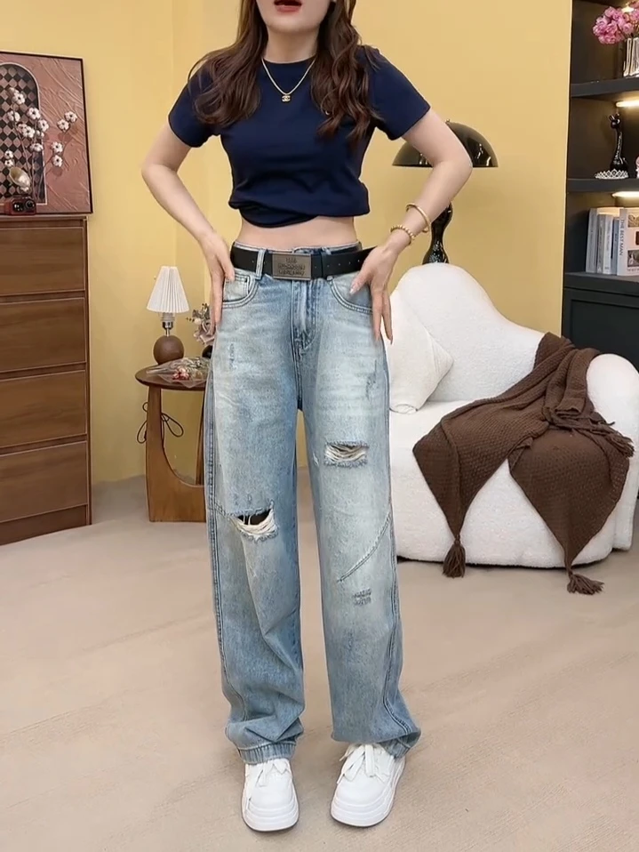 女森说新款洋气减龄破洞直筒牛仔裤大码女装胖mm梨形身材显瘦长裤