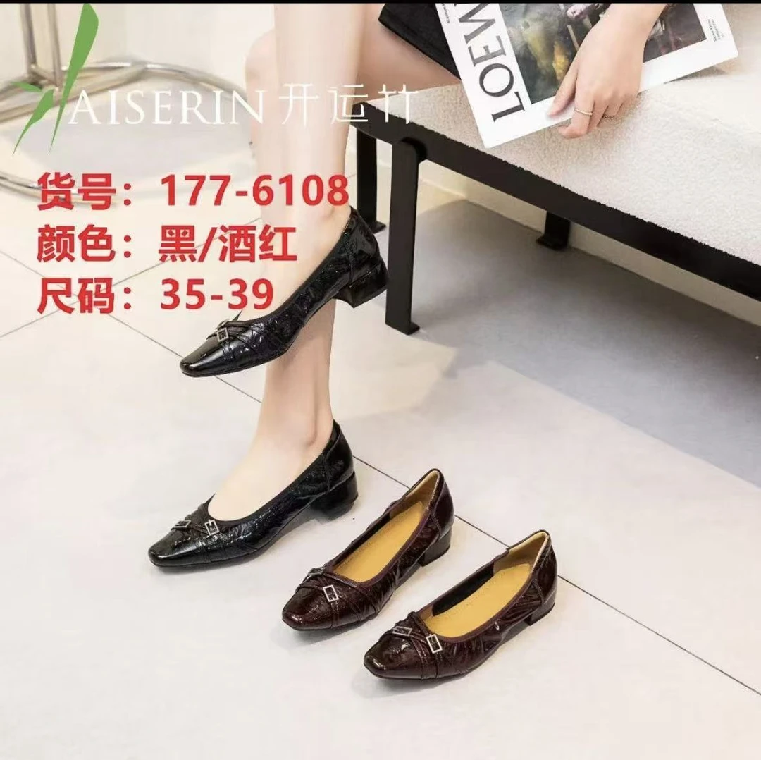 177-6108开家牛皮新款女鞋时尚休闲百搭粗跟单鞋女鞋子透气皮鞋女