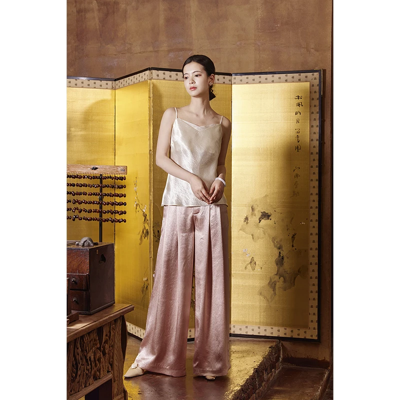 叶初冉丨随地【素缃】对称双压褶 国风醋酸阔腿裤豹纹暗纹休闲裤